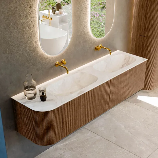 Mondiaz KURVE-DLUX 175 cm Onderkast Greeploos 2 Lades Met Deuren Walnut, Wastafel Solid Surface Rechts Frappe 0 Kraangaten Zonder Spiegel (KRVSTS175L2L1D0KD-Wal/Fra)
