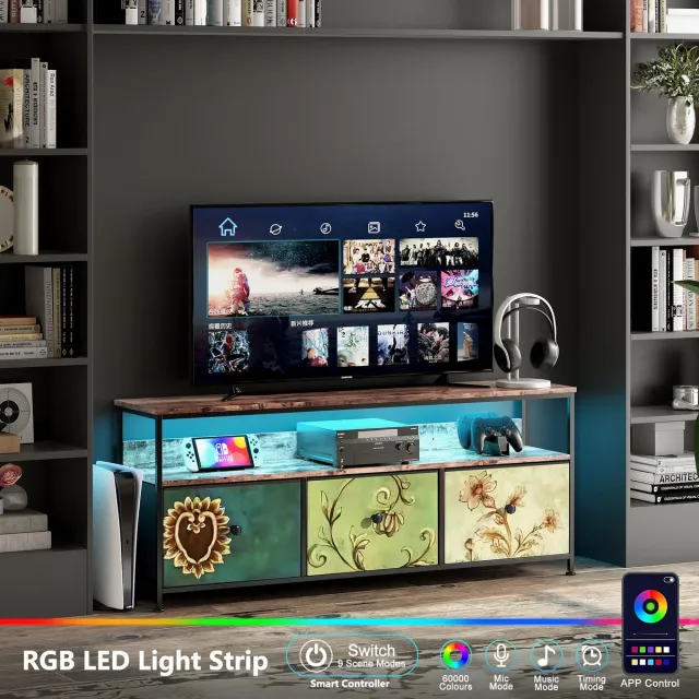 ROSAHQNDA TV-meubel, LED-laden Kast met 4 laden, industriële tv-kast met laden, stoffen laden en metalen frame, houten oppervlak voor woonkamer, kinderkamer, hal, rustiek, Multi-Groen, 137x29.8x57cm Multi-Green-137cm