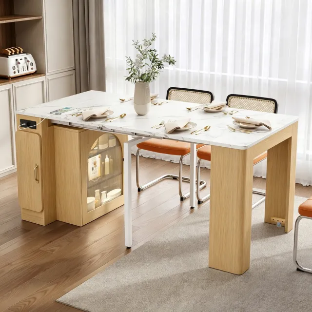 OKWISH Eettafel - Uitschuifbare Keukeninsel Met Opbergruimte En Stopcontacten - 149,6 x 80 x 77 cm - MDF Naturel Met Marmereffect