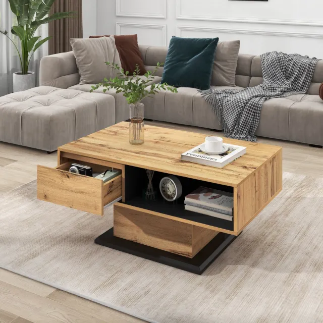 MIVRAY Salontafel - Met Greeploze Lade En Dubbele Opbergruimte - Voor Woonkamer En Kantoor - Spaanplaat - 100x47x60 Cm Naturel
