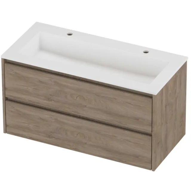 Proline Aristo Badmeubelset Polystone Elegant 2 Gaten 100x46x54 cm Mat White Raw Oak Eiken