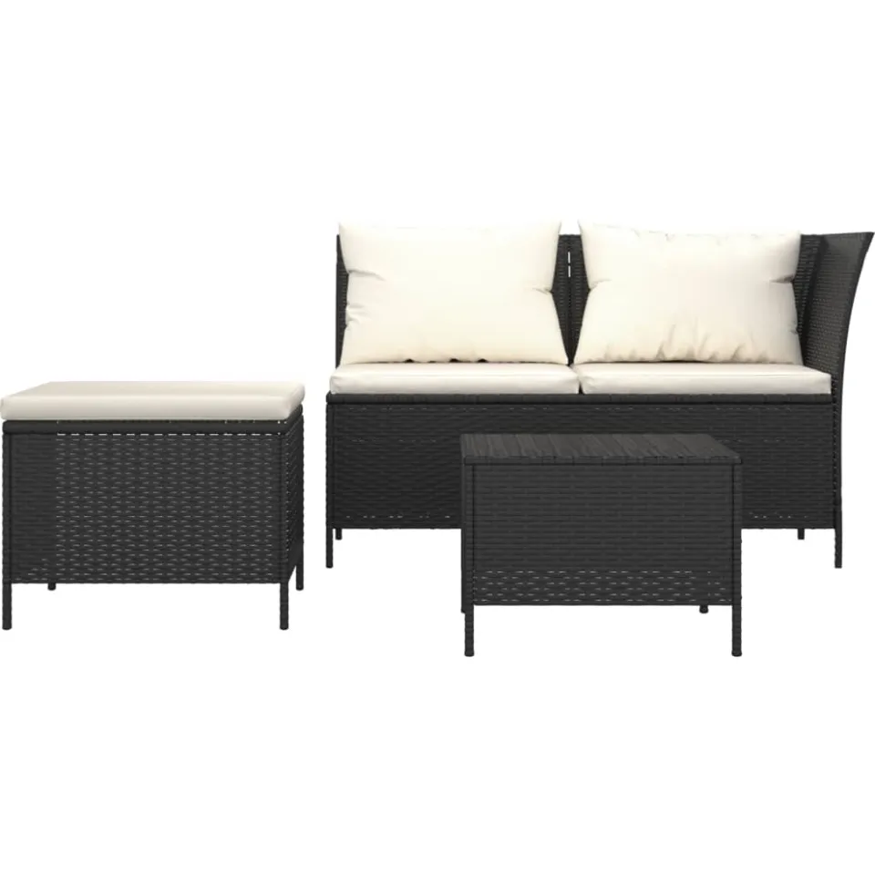 vidaXL 3-delige Loungeset met kussens poly rattan zwart, foto 4