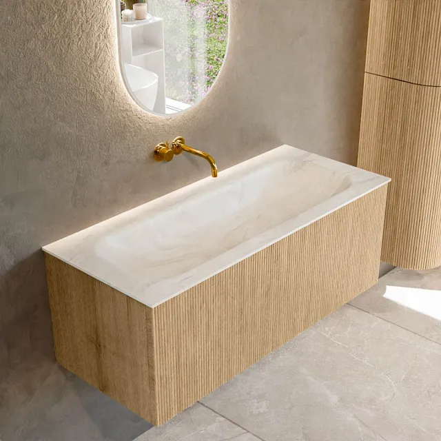 Mondiaz KURVE-DLUX 110 cm Onderkast Greeploos 1 Lade Zonder Deuren Oak, Wastafel Solid Surface Volledig Ostra 0 Kraangaten Zonder Spiegel (KRVBGM1101L0D0KM-Oak/Ost)