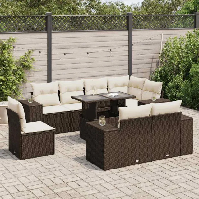 vidaXL 9-delige Loungeset met kussens poly rattan bruin, foto 2
