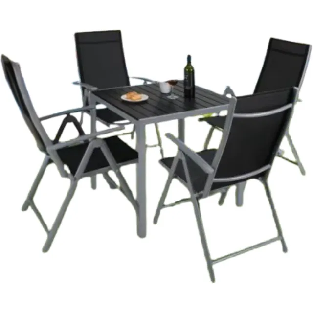 Bolt Edge Tuinset met tuinstoelen - Tuintafel - 4 personen - Balkonset - 5-delige tuinmeubels - Aluminium - Klapstoelen - Zwart/zilver