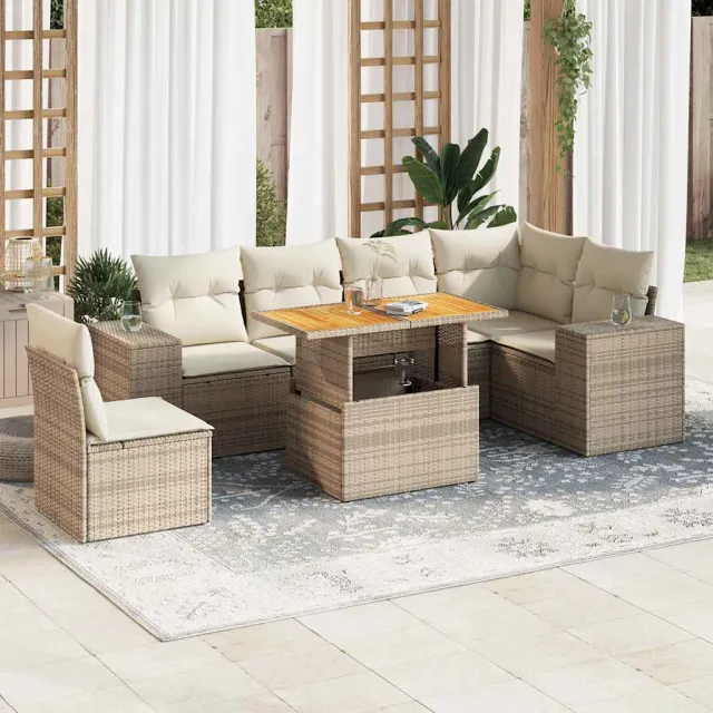 vidaXL 7-delige Loungeset met kussens poly rattan beige, foto 2