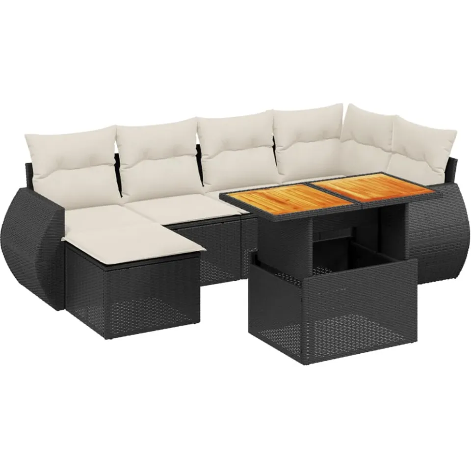 vidaXL 7-delige Loungeset met kussens poly rattan zwart