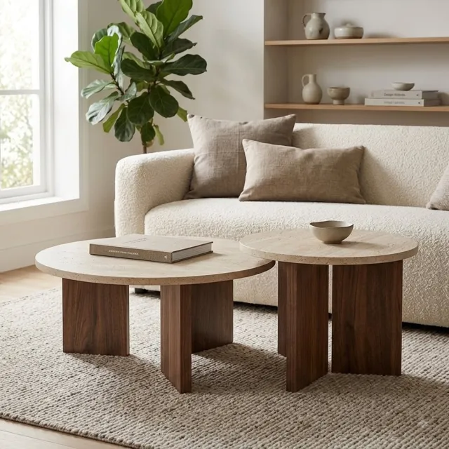 EleganceEssentials Ronde Salontafel Set van 2 – Salontafel travertin – Travertin Look – MDF – Ø70 & Ø50 cm Travertijn