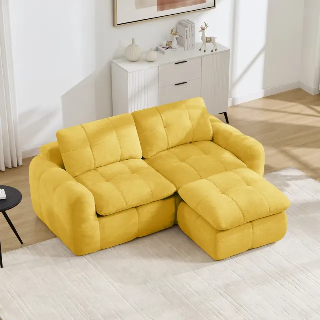 MEUNIQ 2-zits hoekbank 194 x 160 x 68 cm in geel, modulair L-vormig ontwerp met chenille bekleding en hocker voor de woonkamer Yellow