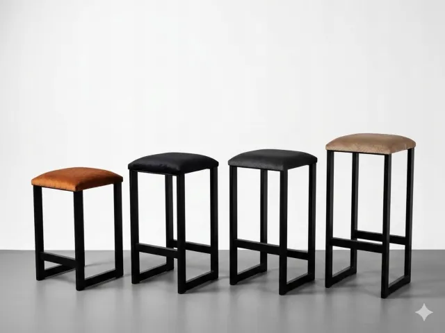 Taborecik Industriële Houten Barkruk met Gestoffeerde Zitting - Zwart Metaal