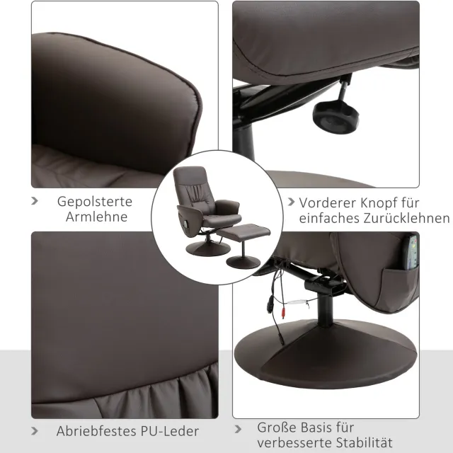 DESMIU Relaxfauteuil 76 x 81 x 105 cm - 360 Graden Draaibaar, 10 Massagepunten en Verstelbare Rugleuning - Voor Woonkamer - Kunstleer - Bruin