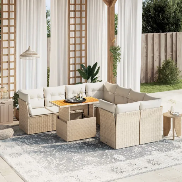 vidaXL 9-delige Loungeset met kussens poly rattan beige, foto 2