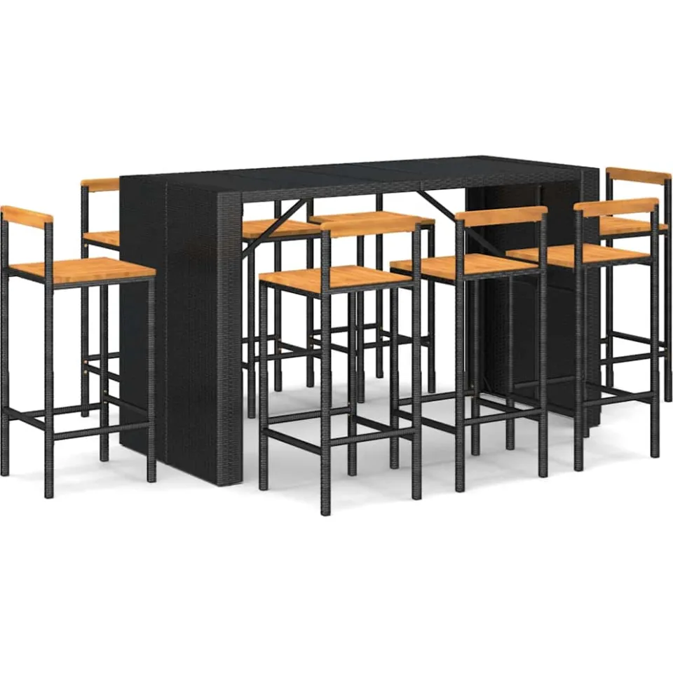 vidaXL 9-delige Tuinbarset poly rattan en massief acaciahout zwart