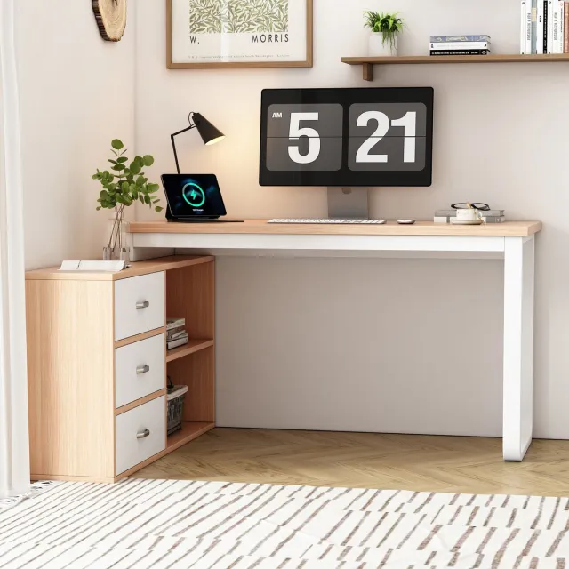 MODFU Bureau met Opbergruimte – 3 Lades & 2 Open Vakken – Ruim Werkblad 135 x 50 cm – Modern Minimalistisch voor Kantoor – MDF en Metaal – Naturel – 147 x 100 x 75,3 cm Natuurlijk