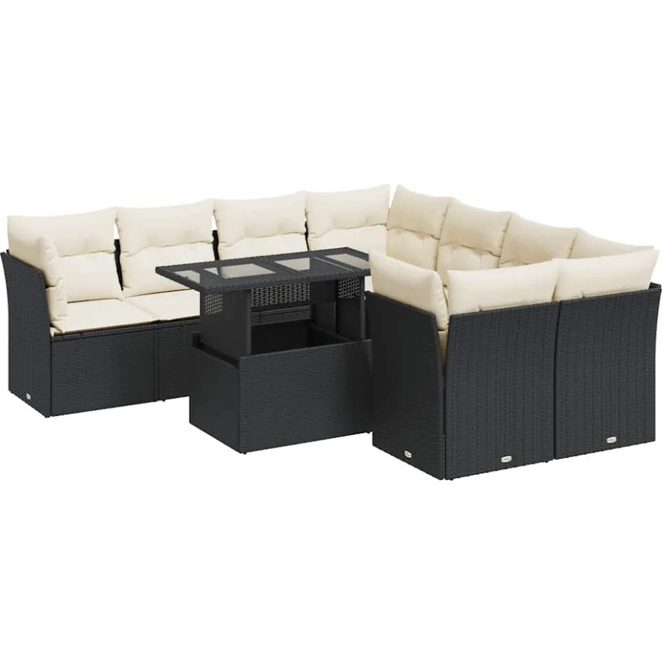vidaXL 9-delige Loungeset met kussens poly rattan zwart, foto 3