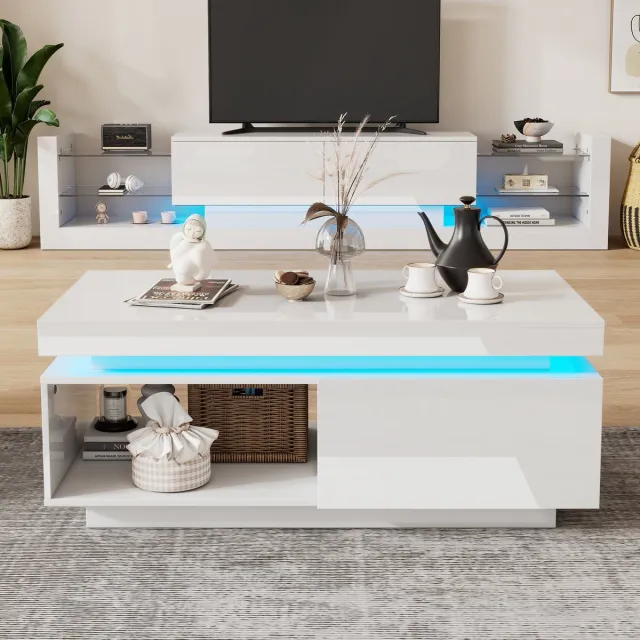 Pugsdrly Moderne hoogglans salontafel met ledverlichting, 100x50x40,3 cm – Elegante tafel met lade en draagvermogen van 50 kg Wit