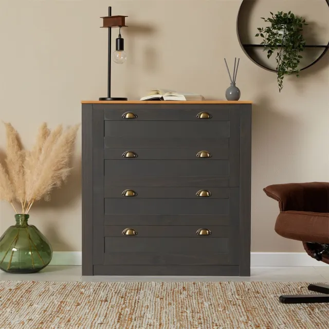 IDIMEX Commode BOLTON met 4 lades van grenenhout - antraciet/bruin grijs