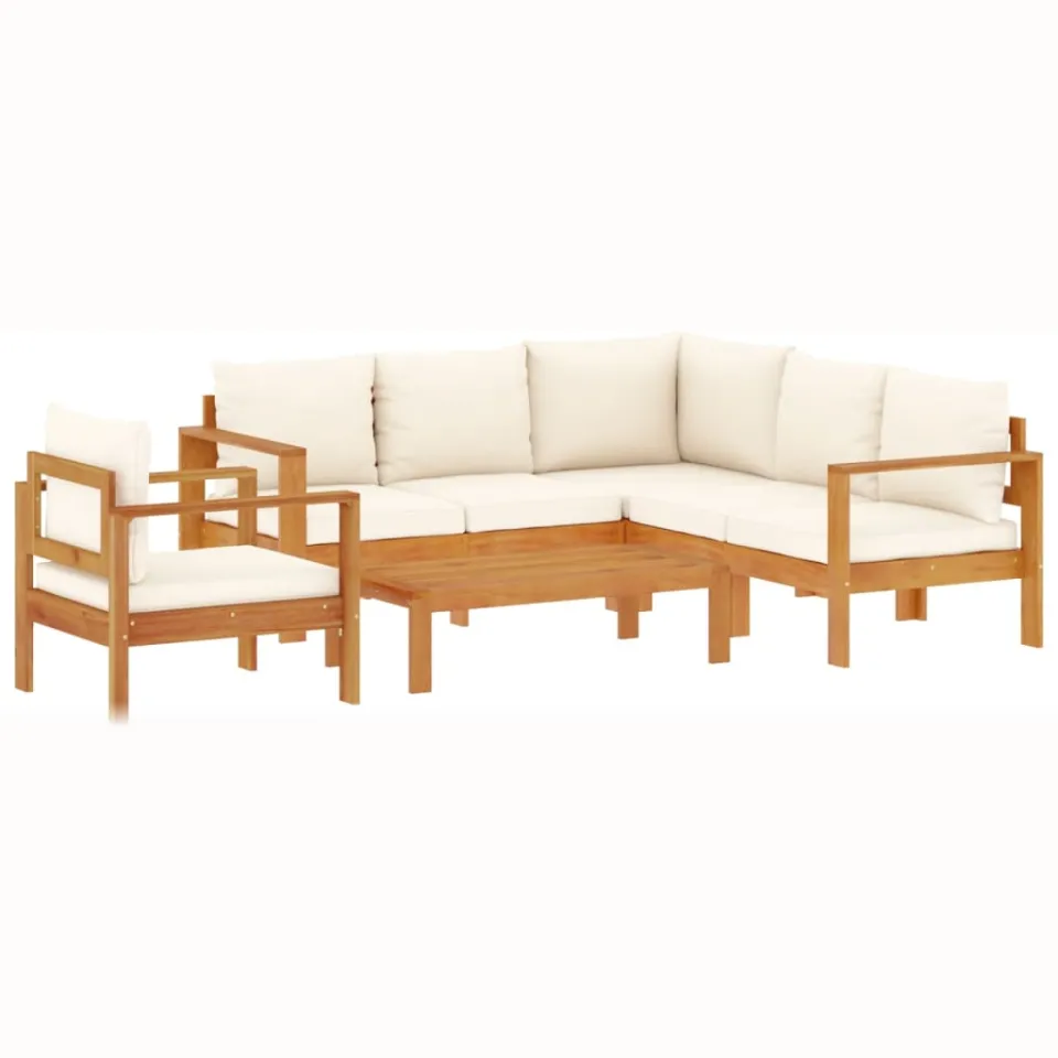 vidaXL 5-delige Loungeset met kussens massief acaciahout crème, foto 3