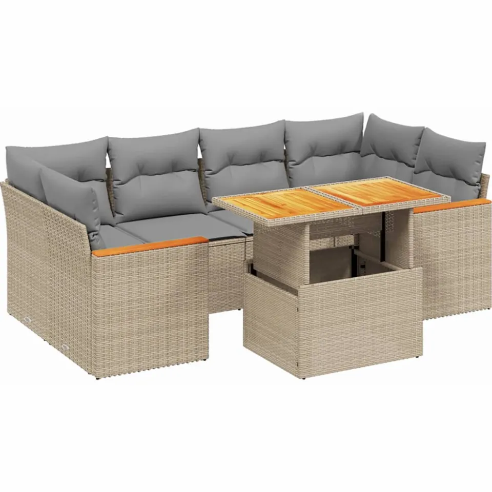 vidaXL 7-delige Loungeset met kussens poly rattan beige, foto 3