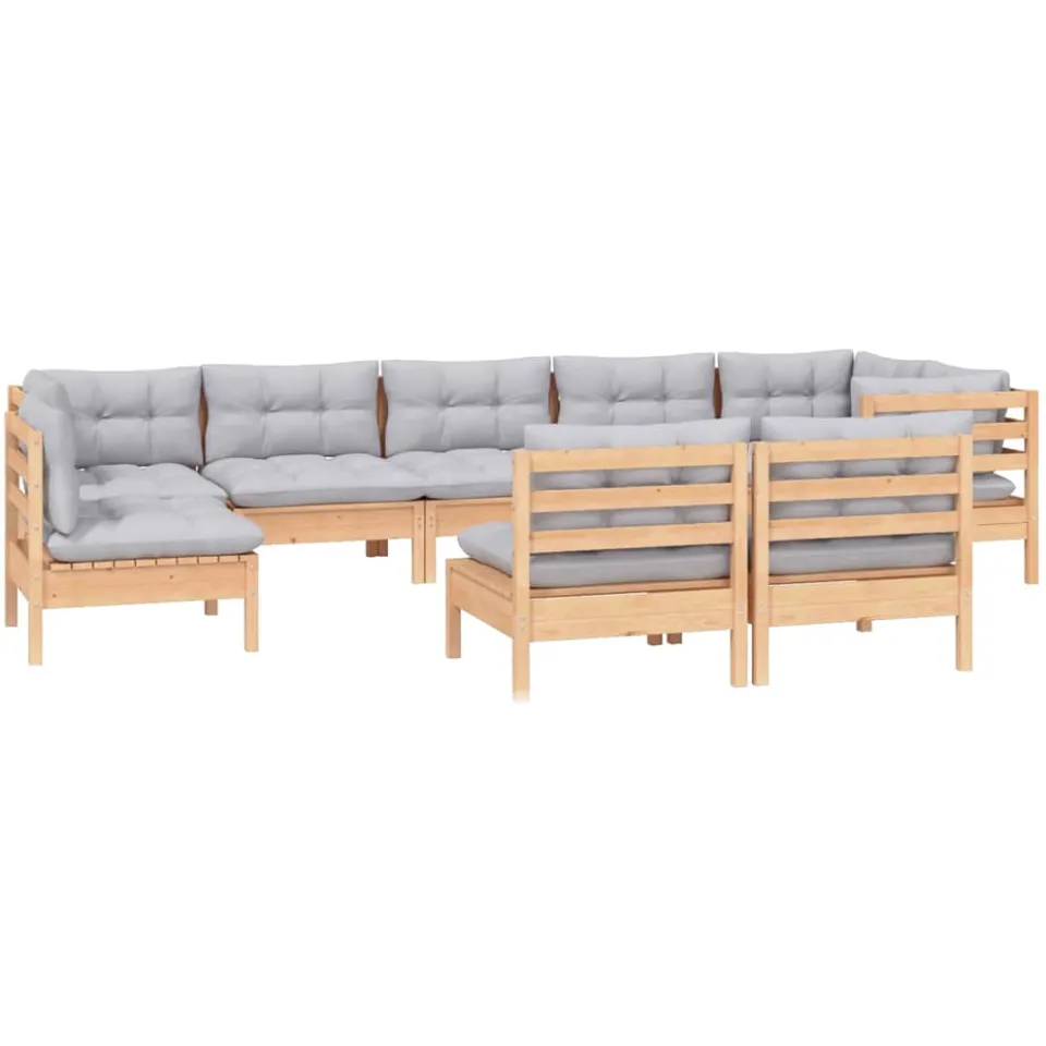 vidaXL 9-delige Loungeset met grijze kussens massief grenenhout Grijs