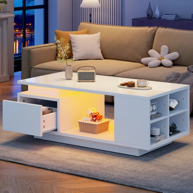 MODENUIT Salontafel - Met Lade En LED-Verlichting - Voor Woonkamer - Hoogglans Spaanplaat - 100x50x36 Cm - Wit
