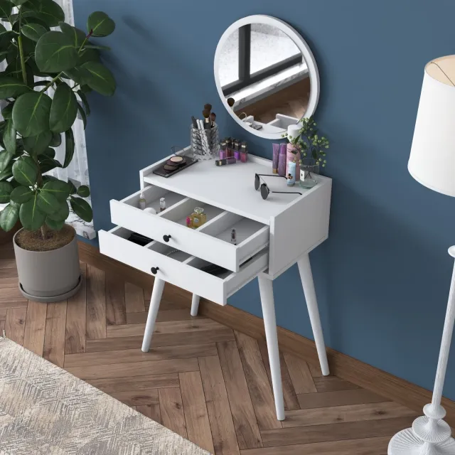 Rani Kaptafel wit met spiegel - Make-up tafel - Vakjes - 2 Lades - Tussenschotten - Kaptafels