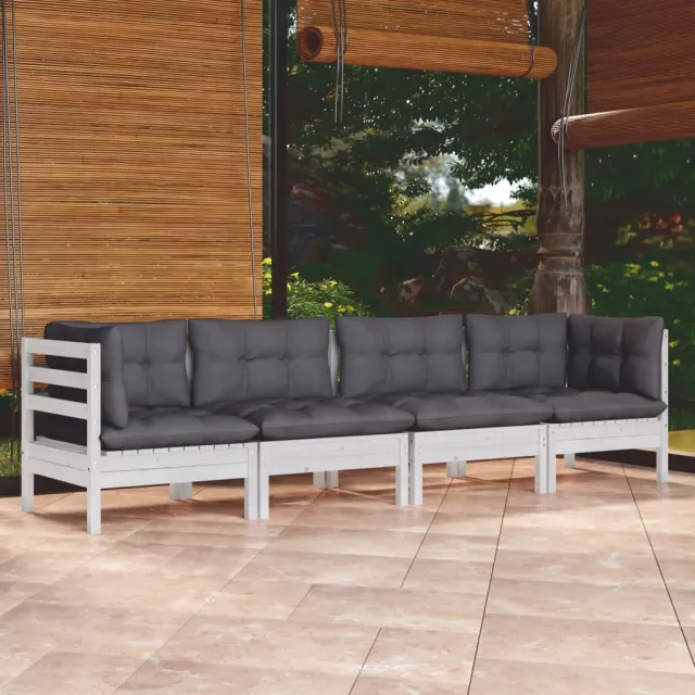 vidaXL 4-delige Loungeset met kussens massief grenenhout wit, foto 2