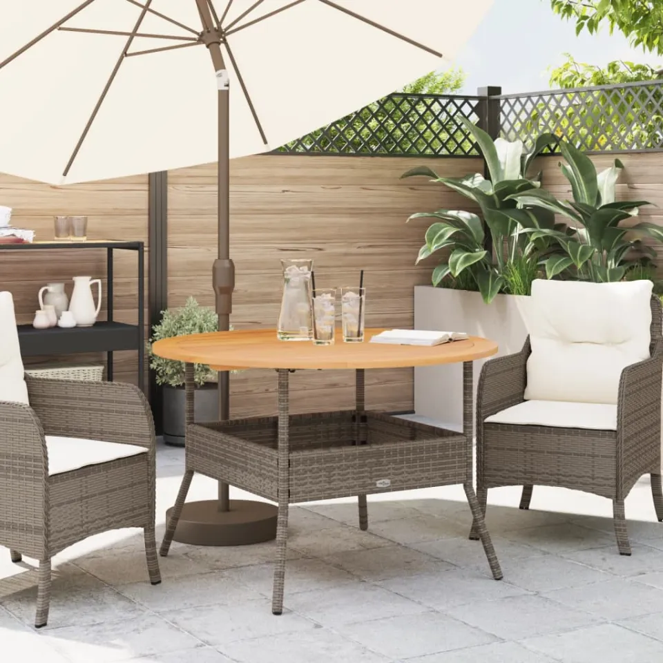 vidaXL Tuintafel met acaciahouten blad Ø110x71 cm poly rattan grijs, foto 3