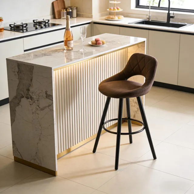 MODFU Barkruk - Ergonomische Rugleuning - Modern - Voor Keuken - Hout En Stof - Donkerbruin - Zithoogte 68 Cm