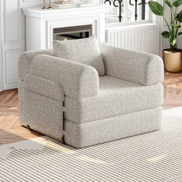REDOM Fauteuil - 2-in-1 slaapfunctie - armleuning met opbergruimte - handmatig verstelbaar - metalen frame - chenille - Khaki - 94 x 91,4 x 69,8 cm