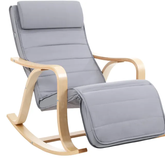Songmics Relaxfauteuil - Schommelstoel van Berkenhout - 5-voudig Verstelbare Voetsteun - Max. 150 kg Belastbaar Lichtgrijs