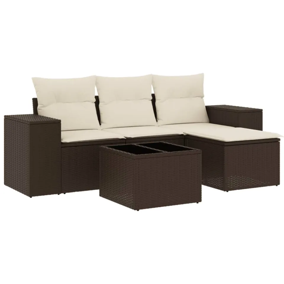 vidaXL 5-delige Loungeset met kussens poly rattan bruin, foto 3