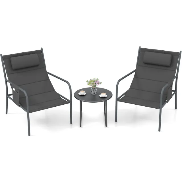 Costway Balkonmeubelset, 3-delig, tuinmeubelset met 2 stoelen en tafel, balkonset met ademende zitstof, terrasmeubels, tuinset, zitgroep voor tuin, balkon, terras Grijs