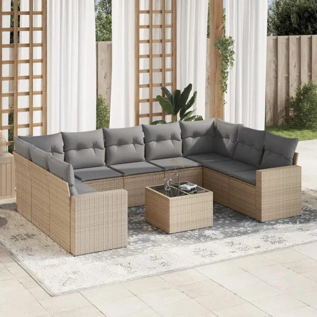 vidaXL 10-delige Loungeset met kussens poly rattan beige, foto 2