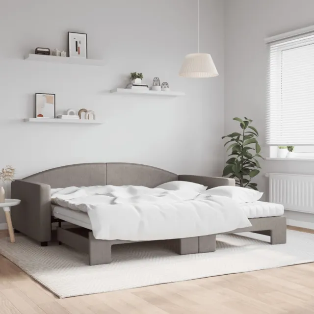 vidaXL Slaapbank met onderschuifbed en matrassen 100x200 cm stof taupe