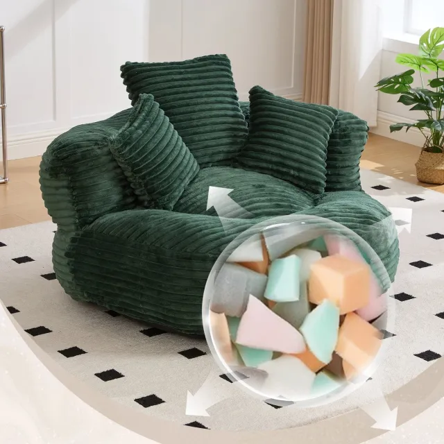 Zubaliya Corduroy zitzak met hoge rugleuning en 3 kussens - lounge stoel voor woonkamer, slaapkamer en speelkamer - 1 persoon - donkergroen - zachte corduroy stof - geen montage nodig, direct klaar Emerald