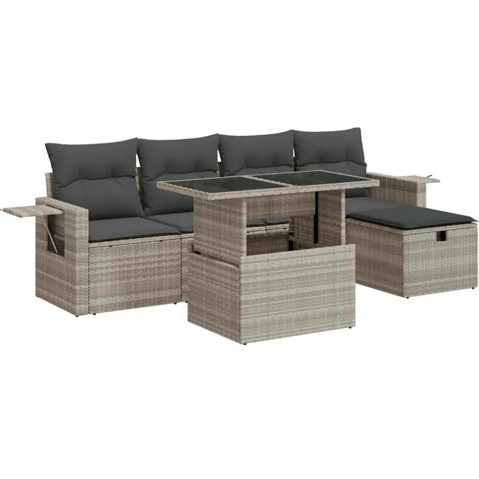 vidaXL 6-delige Loungeset met kussens poly rattan lichtgrijs grijs, foto 3