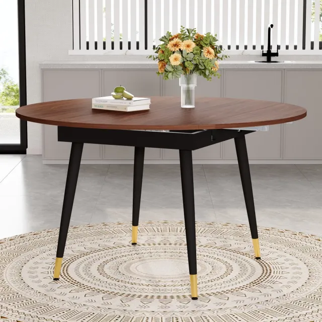 MODENUIT Uitschuifbare Eettafel - Rond Naar Ovaal - Voor Keuken En Eetkamer - MDF In Walnootkleur - 6 Tot 8 Personen