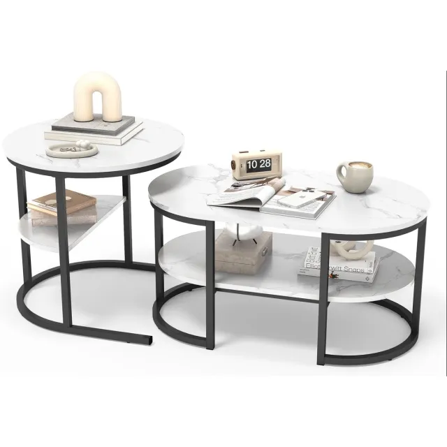 ROSAHQNDA Salontafelset, tweedelige set met in elkaar schuifbare tafel, bijzettafel, woonkamertafel met plank, stapelbare banktafel, zwart