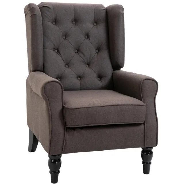 ZYLARO Fauteuil - Getufte Vleugelstoel - Gestoffeerde Loungestoel met Hoge Rugleuning en Afgeronde Armleuningen - Houten Poten - Voor Slaapkamer en Woonkamer - Tot 160 kg - Bruin