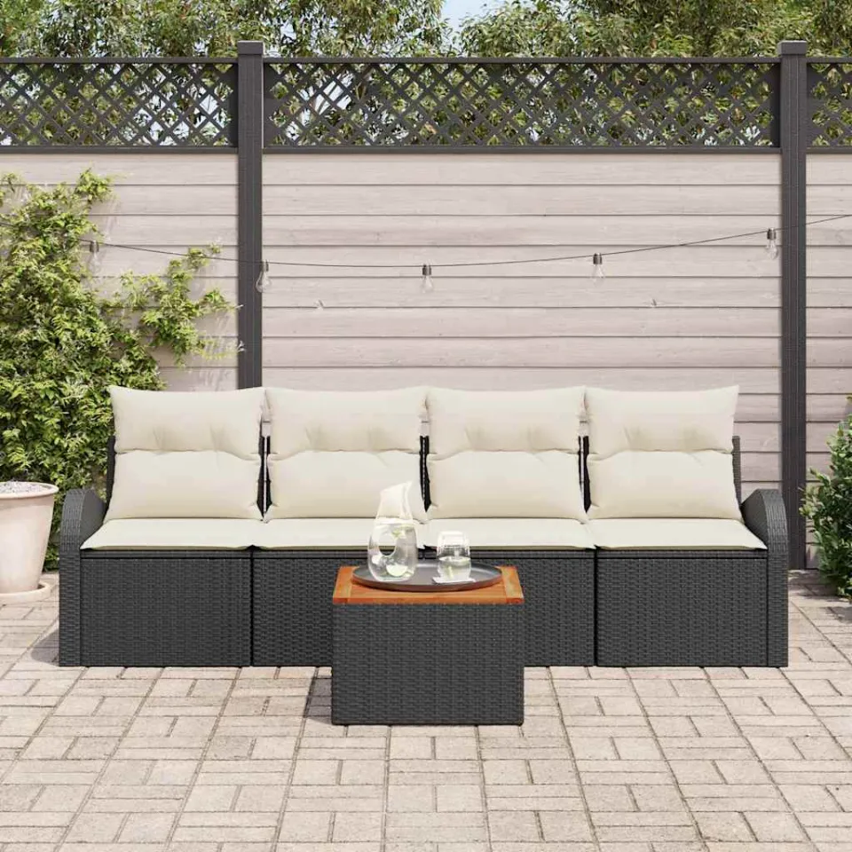 vidaXL Tuinbankenset 5 st Zwart en Crème poly rattan, foto 3