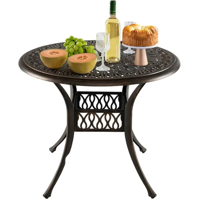 KOMFOTTEU Ronde bijzettafel, tuintafel met parasolgat, bistrotafel met gegoten aluminium en verstelbare poten, eettafel voor balkon, terras en tuin, 90 x 90 x 74 cm Brons