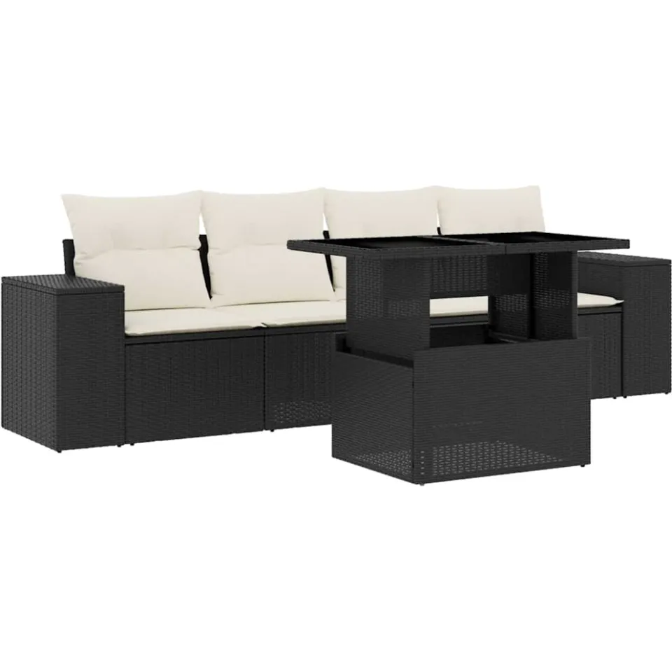 vidaXL 5-delige Loungeset met kussens poly rattan zwart