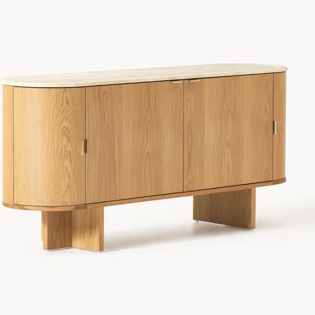 Westwing Collection Houten dressoir Zumi met afgeronde hoeken en travertijn blad Beige