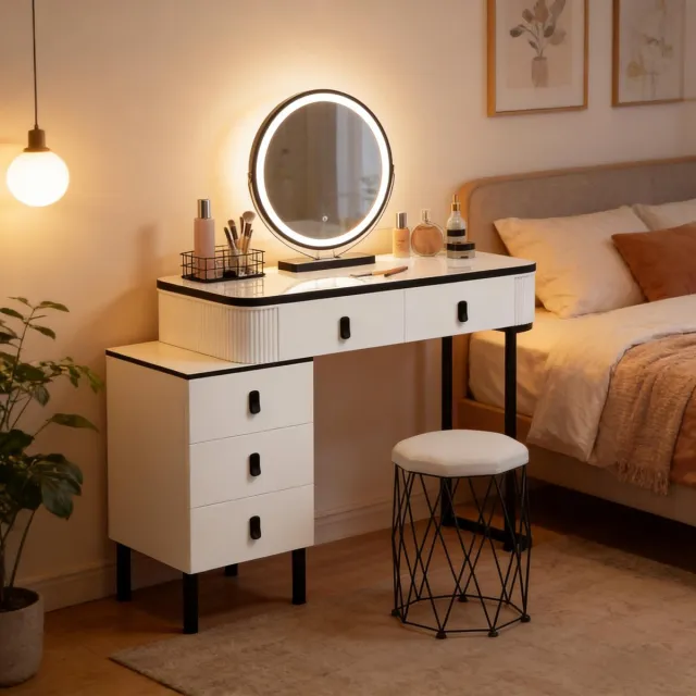 OKWISH Kaptafel - Dimbare LED-Spiegel En 5 Laden - Ook Als Bureau - Hoogglans Zwart Wit - 125 x 40 x 100 cm