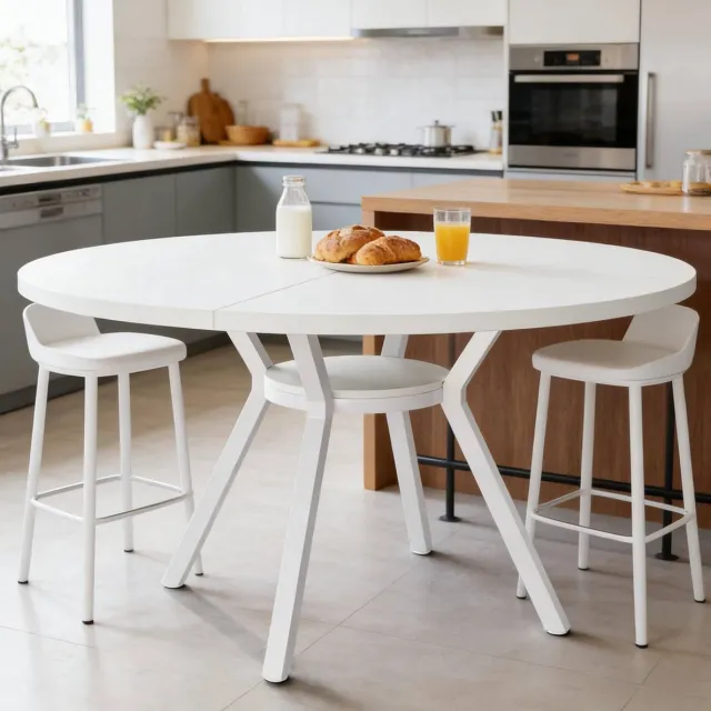 MODENUIT Eettafel - Ronde Tafel Met Metalen Frame - Voor Woonkamer Keuken En Café - Hout - Wit - 120 Cm