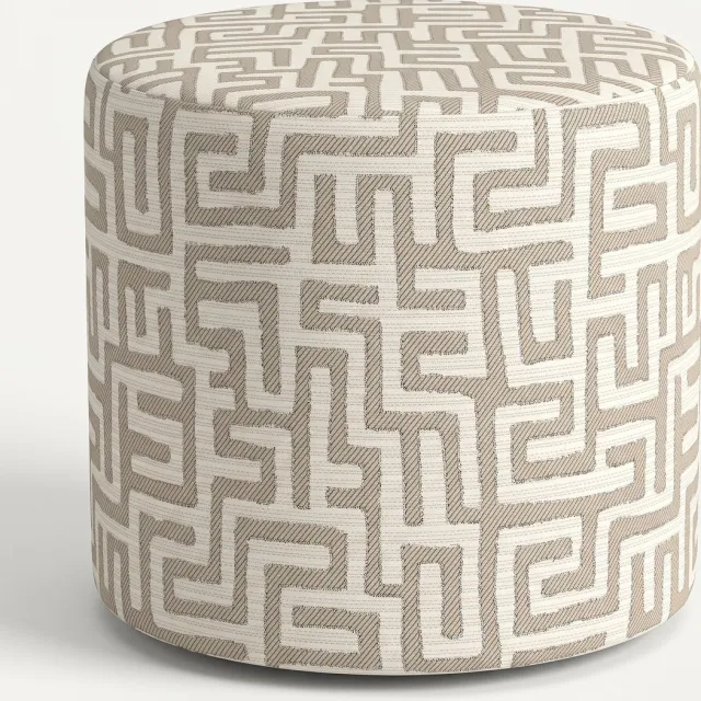 Mörgenn Poef Maze Lin Beige - Ronde Poef en Voetenbank - Jacquard Labyrint - 45x45x50 cm