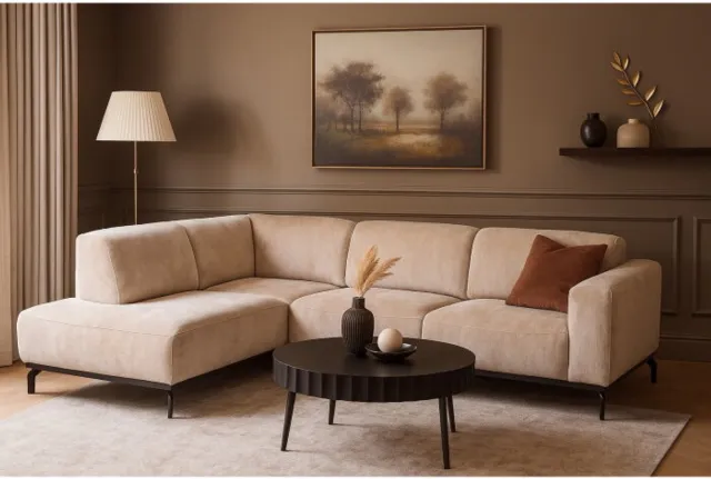 Meubelplaats Hoekbank Avani met ottomane Links - Beige – 256x188x77 cm – Modern