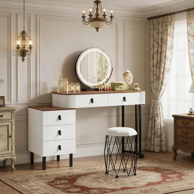Wishdor Kaptafel met spiegel en hocker - Modern design met LED-verlichting, 5 lades, links of rechts te plaatsen zijvak, wit bruin, 125 x 40 x 126 cm