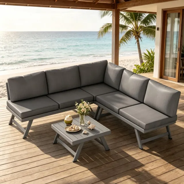 REDOM Hoek loungeset - 5 zitplaatsen - Verstelbare rugleuning met 5 standen - Inclusief koffietafel en 11 kussens - Aluminium - Grijs - 115 x 61 x 65 cm
